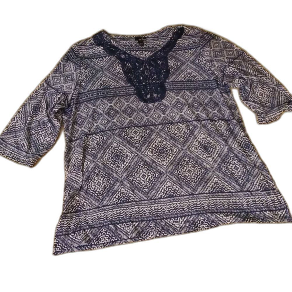 Erika Navy Blue Geometric Pattern Embellished Collar Half Sleeve 1X Shirt